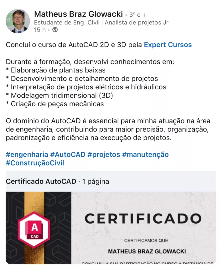 Depoimento de aluno que fez o curso de AutoCAD e se tornou um Mestre do Autocad